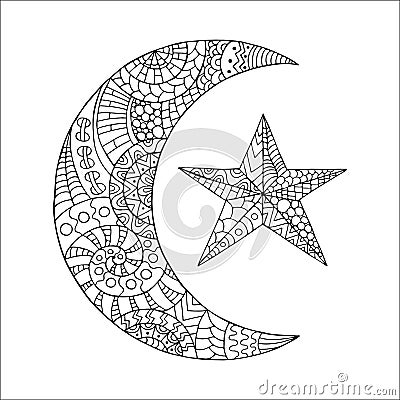 Hand drawn new moon and star for anti stress colouring page. Vector Illustration