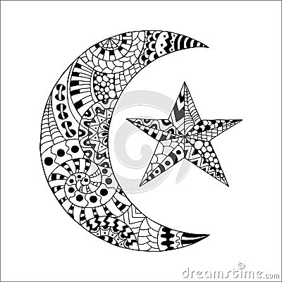 Hand drawn new moon and star for anti stress colouring page. Vector Illustration