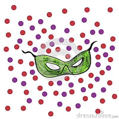 Hand drawn New Year`s green mask and colorful confetti on white background. Stock Photo
