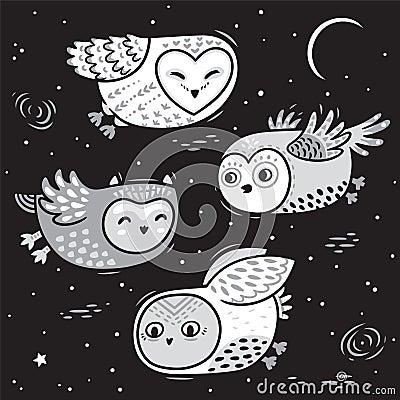 Hand drawn night card with cute little flying owls Vector Illustration