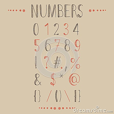 Hand drawn numbers with most common keystrokes, question marks, points, commas, brackets, stars, etc. Stock Photo