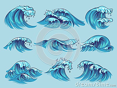 Hand drawn ocean waves. Sketch sea tidal blue waves tide splash hand drawn surfing storm wavy water doodle vintage set Vector Illustration