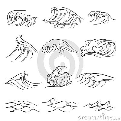 Hand drawn ocean waves vector set. Sea storm wave isolated Vector Illustration