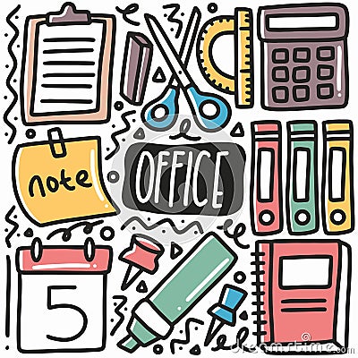 hand drawn office equipment doodle set Vector Illustration