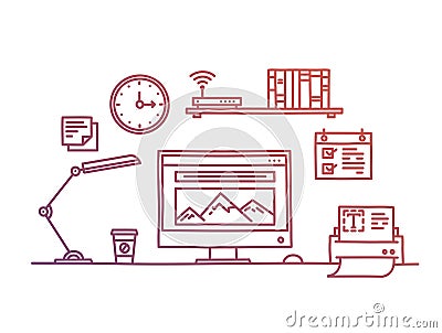 Hand drawn office workspace minimalistic linear Vector Illustration