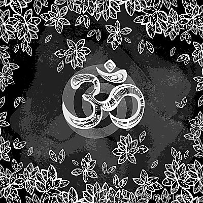 Hand drawn Ohm symbol, indian Diwali spiritual sign Om. Bodhi Tree leafs around. High detailed decorative vector illustration. Vector Illustration