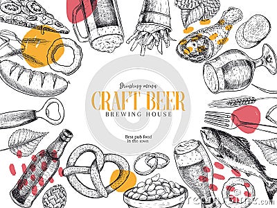 Hand drawn Oktoberfest pub poster. Beer and snacks. Vector glass, bottle, opener, fish, pretzel, barley, hop, food. Bar Vector Illustration