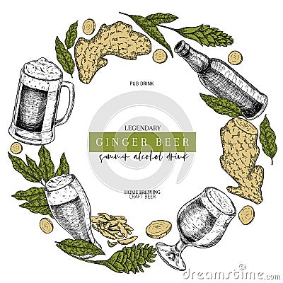 Hand drawn Oktoberfest pub poster. Ginger ale beer. Vector glass, bottle, ginger root, sliced, flower and leaves. Bar Vector Illustration