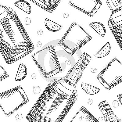 Hand drawn old fashioned glass, lime, alcohol bottle and ice cube seamless pattern Cartoon Illustration