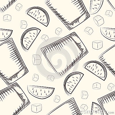 Hand drawn old fashioned glass, lime and ice cube seamless pattern Cartoon Illustration