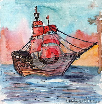 Hand drawn old sail boat. Scarlet sails fairy tale. Watercolor sea sketch. Watercolor illustration. Seascape drawing. Summer sun s Cartoon Illustration