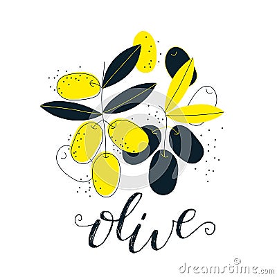 Hand drawn olive illustration with lettering. Fresh natural fruit background. Vector banner, paster, package design Vector Illustration