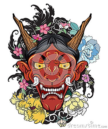 Japanese old dragon tattoo for arm.hand drawn Oni mask with cherry blossom and peony flower.Japanese demon mask on wave and sakura Vector Illustration