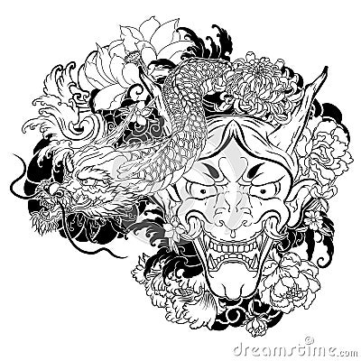 Japanese old dragon tattoo for arm.hand drawn Oni mask with cherry blossom and peony flower.Japanese demon mask on wave and sakura Vector Illustration