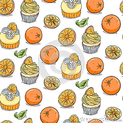 Hand drawn orange cupcake seamless pattern Vector Illustration