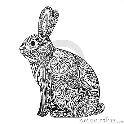 Hand drawn orante rabbit with ethnic floral doodle pattern Cartoon Illustration