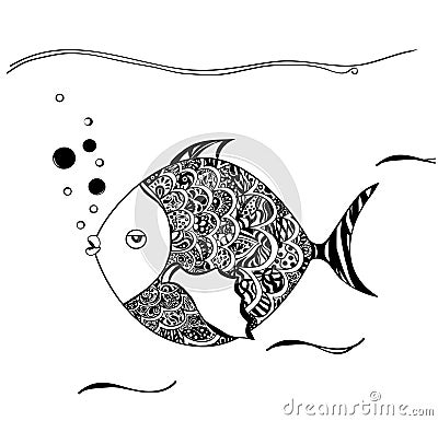 Hand drawn ornamental fish. Black white drawn. You may use it for coloring pages for adults. Vector Illustration