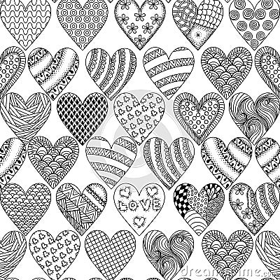 Hand drawn ornamental heart with love in doodle, zentangle tribal style, seamless pattern for adult coloring pages, card for St. Vector Illustration