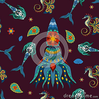 Hand drawn Ornamental Mermaid, sea-horse and calamar. Vector Illustration