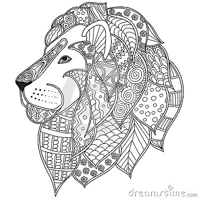 Hand drawn ornamental outline lion head illustration decorated with abstract doodles Vector Illustration
