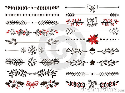 Hand drawn ornamental winter dividers. Snowflakes borders, Christmas holiday decor and floral ornate dividers vector set Vector Illustration