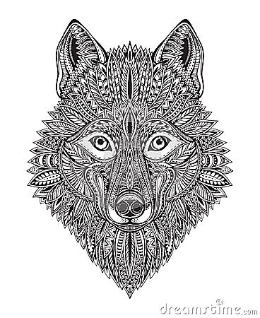 Hand drawn ornate doodle graphic black and white wolf face. Vector Illustration
