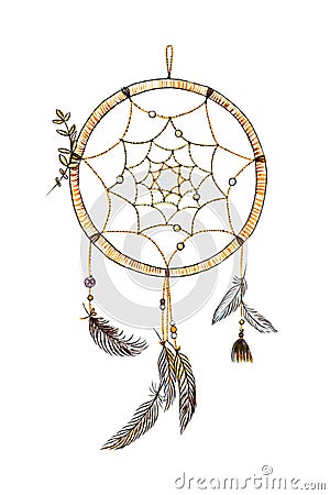 Hand drawn ornate Dream catcher with feathers in soft trendy colors. Astrology, spirituality, magic symbol. Ethnic tribal element. Stock Photo