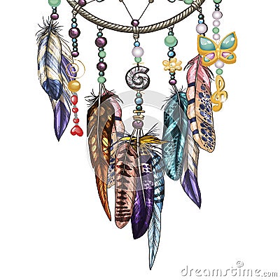 Hand drawn ornate Dreamcatcher with feathers, jewels and colorful gemstones. Astrology, spirituality, magic symbol. Ornamental bir Stock Photo