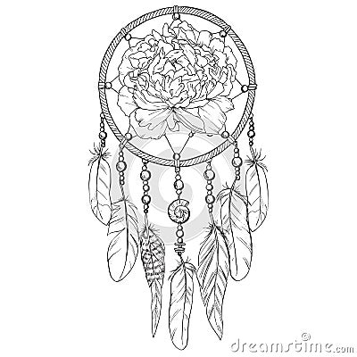 Hand drawn ornate Dreamcatcher with peony bud in contour. Vector illustration. Stock Photo