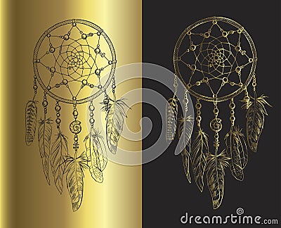 Hand drawn ornate Dreamcatchers with feathers, gemstones isolated on a black and gold backgrounds. Astrology, spirituality, magic Stock Photo