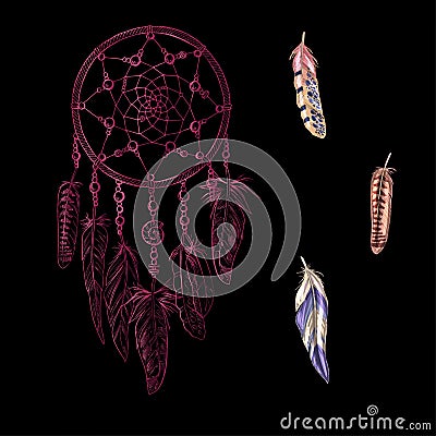 Hand drawn ornate pink Dreamcatchers with feathers, gemstones on a black background. Astrology, spirituality, magic symbo Stock Photo