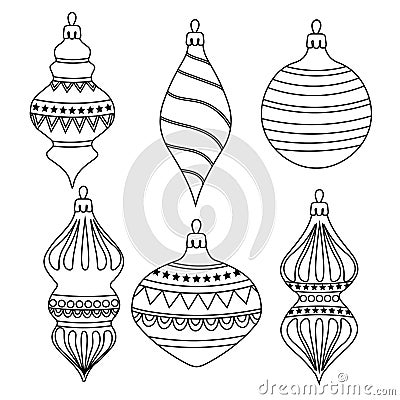 Hand drawn Outline Christmas balls collection for coloring Vector Illustration