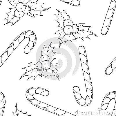 Hand drawn outline christmas seamless pattern. Black and white food background Vector Illustration