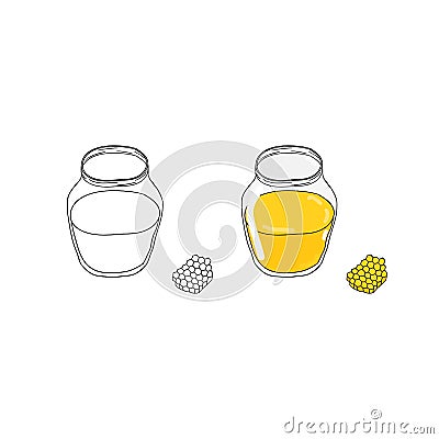 Hand drawn outline and colored honey. Vector Illustration