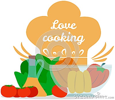 Hand drawn outline of expression love cooking text near dish ingredients, food, vegetables Vector Illustration