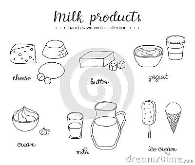 Hand drawn outline milk products. Vector Illustration
