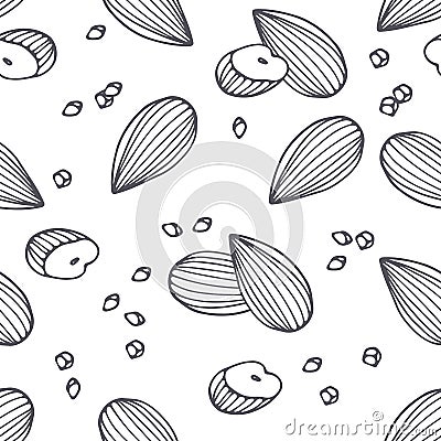 Hand drawn outline seamless pattern with almond. Black and white food background Vector Illustration