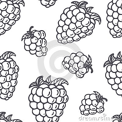 Hand drawn outline seamless pattern with blackberry. Black and white food background Vector Illustration