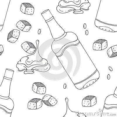 Hand drawn outline seamless pattern with bourbon caramel. Black and white food background Vector Illustration