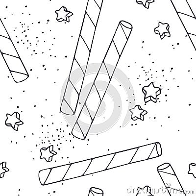Hand drawn outline seamless pattern with cocktail straws. Black and white food background Vector Illustration