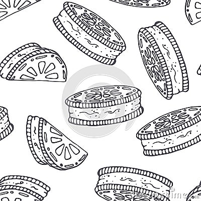 Hand drawn outline seamless pattern with cookie. Black and white food background Vector Illustration