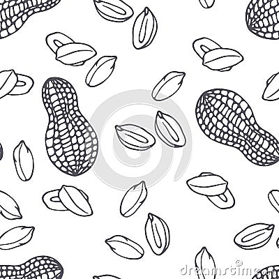 Hand drawn outline seamless pattern with peanuts. Black and white food background Vector Illustration