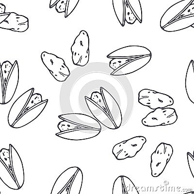 Hand drawn outline seamless pattern with pistachio. Black and white food background Vector Illustration