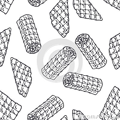 Hand drawn outline seamless pattern with waffles. Black and white food background Vector Illustration
