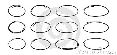 Hand drawn ovals set. Ovals of different widths. Highlight circle frames. Ellipses in doodle style. Set of vector Vector Illustration