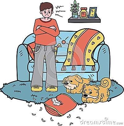 Hand Drawn owner is angry dog messed up the room illustration in doodle style Vector Illustration