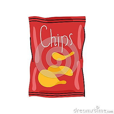 Hand drawn packaged snack chips color element. Cartoon unprocessed food. Vector Illustration