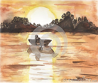 Hand drawn painted watercolor seascape landscape with boat. sunset on the lake illustration Cartoon Illustration