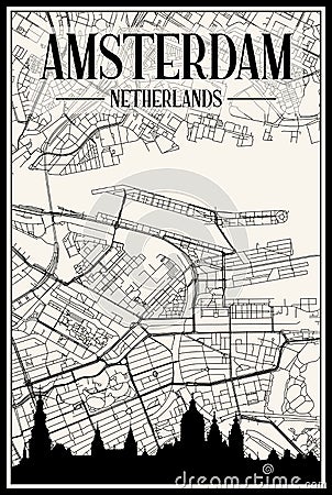 Hand-drawn panoramic city skyline poster with downtown streets network of AMSTERDAM, NETHERLANDS Vector Illustration