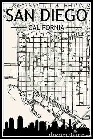 Hand-drawn panoramic city skyline poster with downtown streets network of SAN DIEGO, CALIFORNIA Vector Illustration